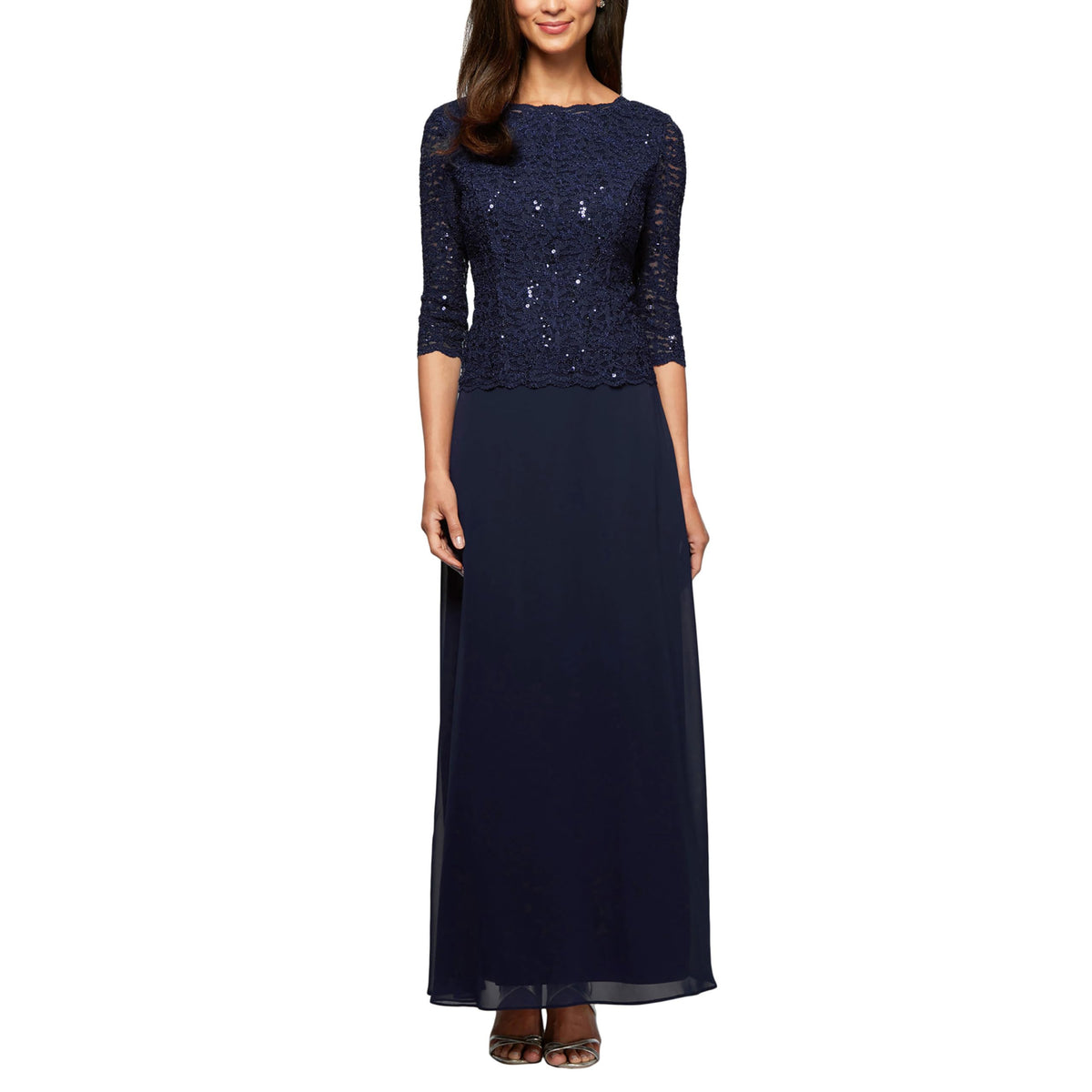 Womens Three Quarter Sleeve Stretch Lace Bodice Gown