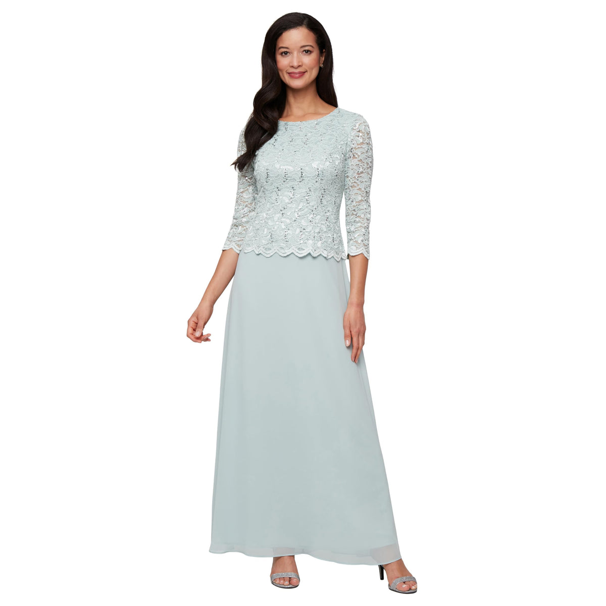 Womens Three Quarter Sleeve Stretch Lace Bodice Gown