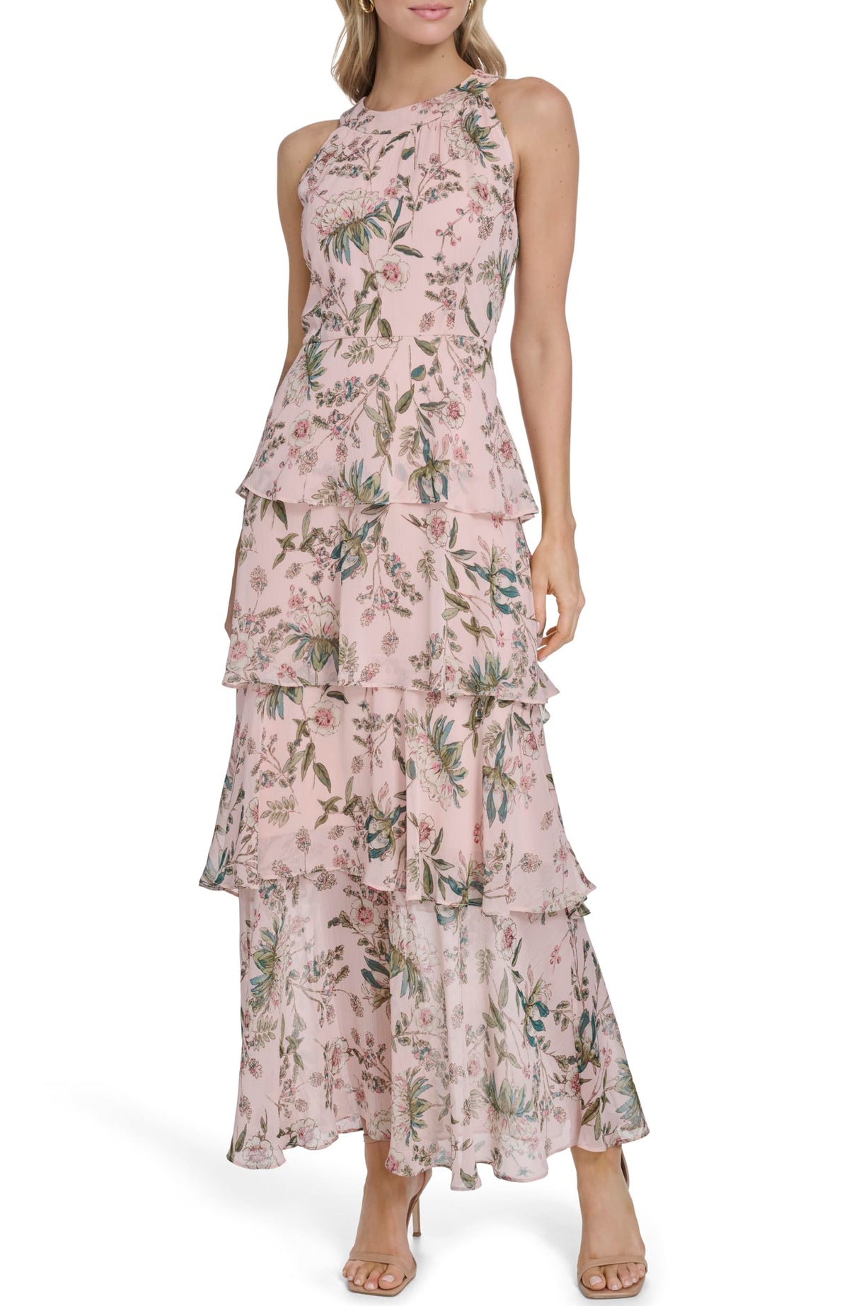 Womens Sleeveless Halter Neck Tiered Maxi Dress