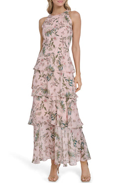 Womens Sleeveless Halter Neck Tiered Maxi Dress