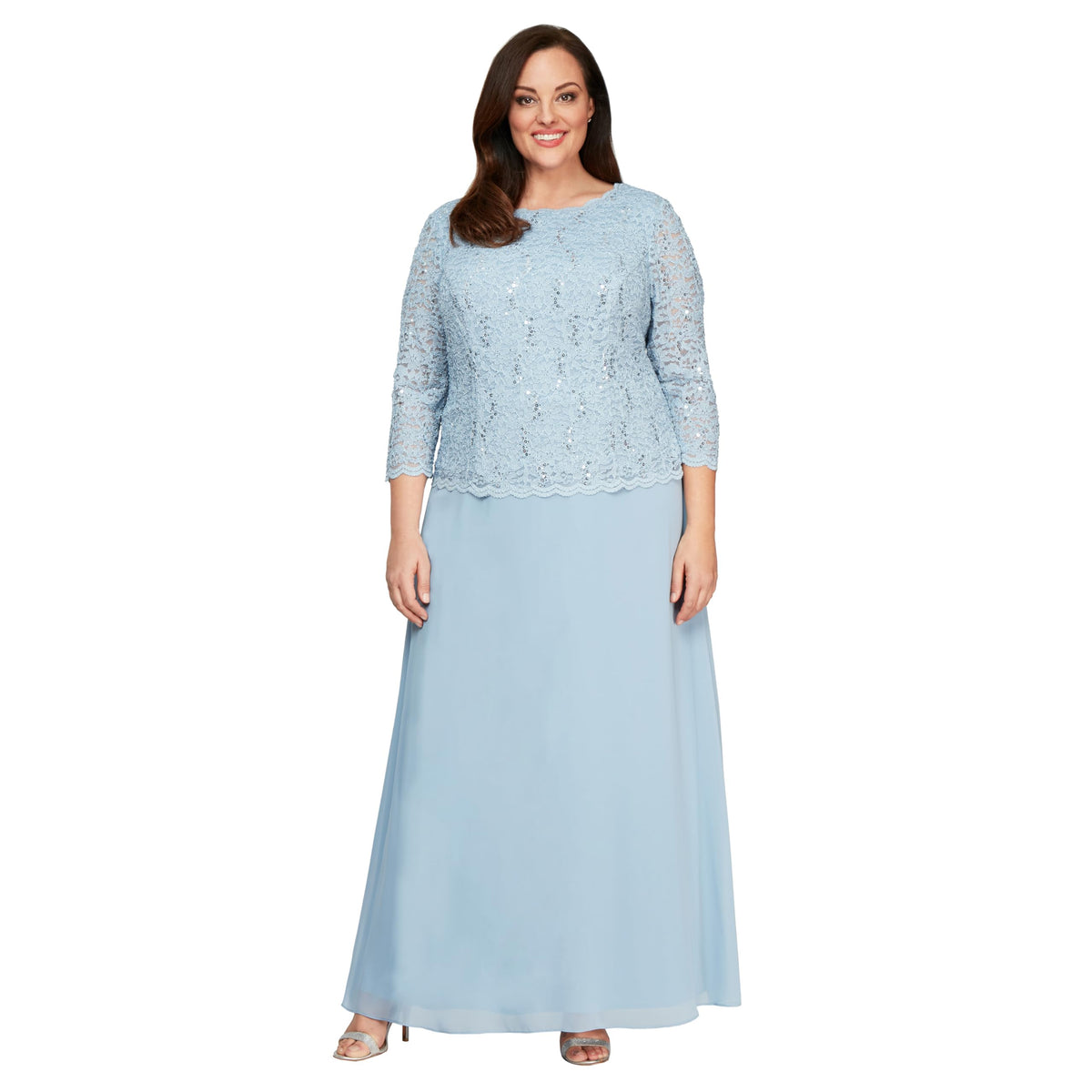 Womens Three Quarter Sleeve Stretch Lace Bodice Gown