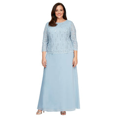 Womens Three Quarter Sleeve Stretch Lace Bodice Gown