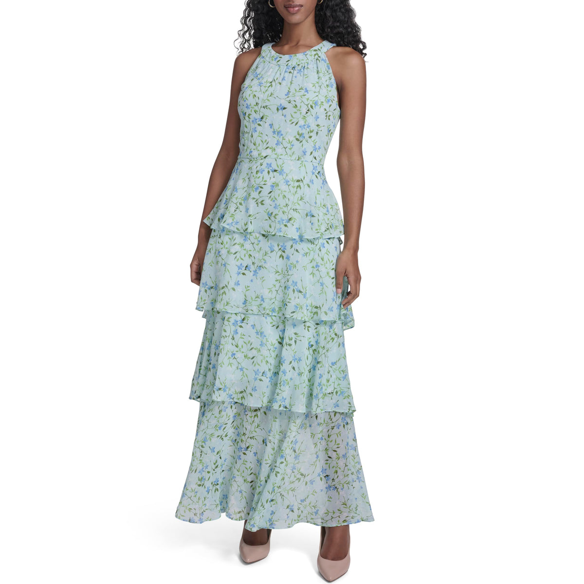 Womens Sleeveless Halter Neck Tiered Maxi Dress