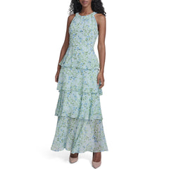 Womens Sleeveless Halter Neck Tiered Maxi Dress
