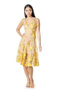Womens Spaghetti Strap A Line Midi 3D Floral Dress