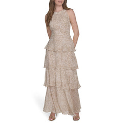 Womens Sleeveless Halter Neck Tiered Maxi Dress