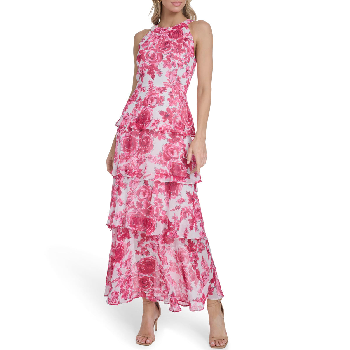 Womens Sleeveless Halter Neck Tiered Maxi Dress