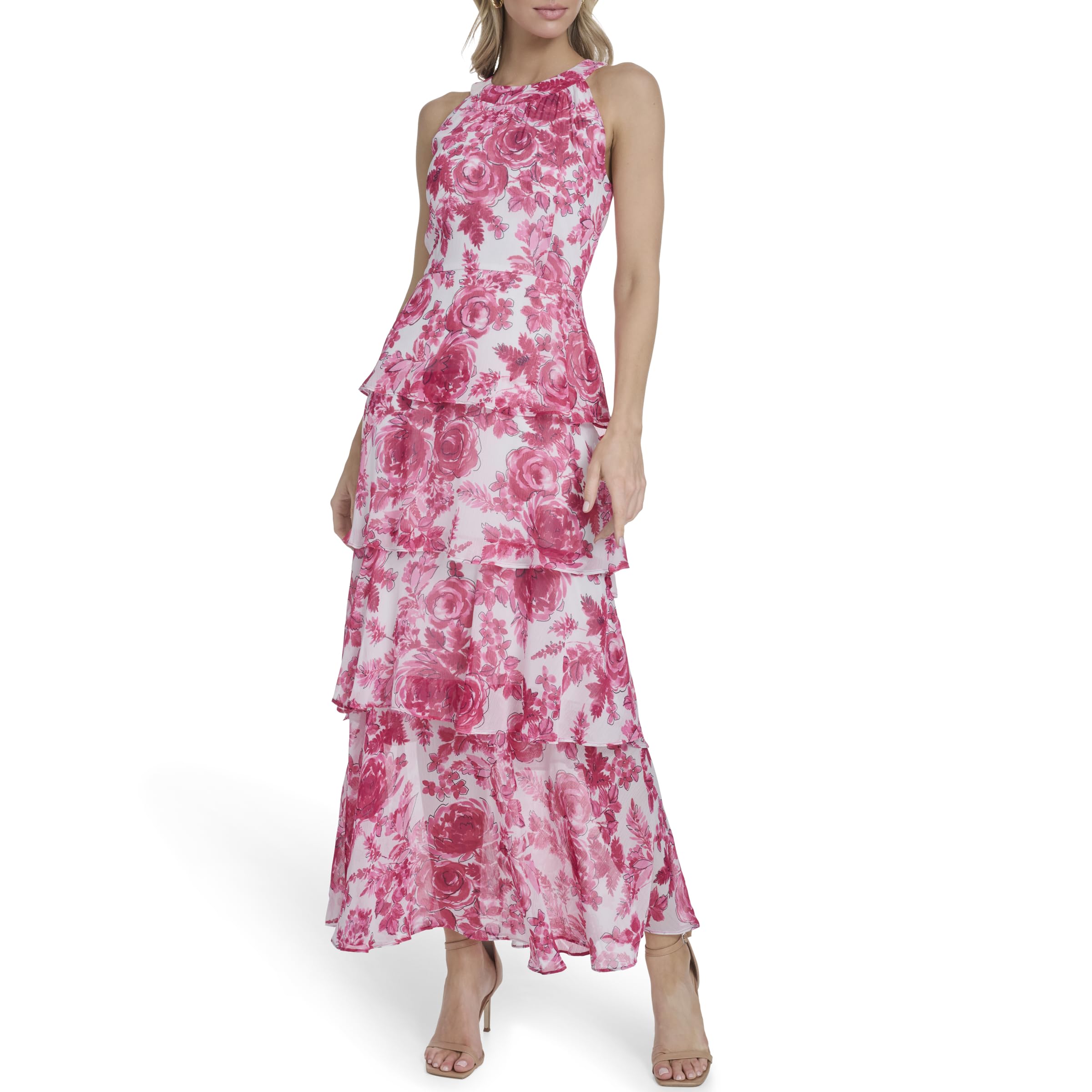 Womens Sleeveless Halter Neck Tiered Maxi Dress