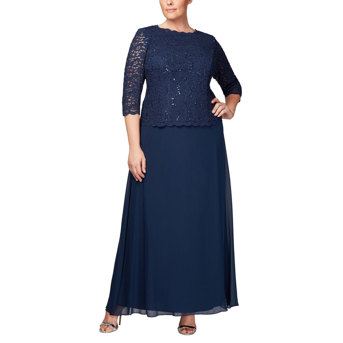 Womens Three Quarter Sleeve Stretch Lace Bodice Gown