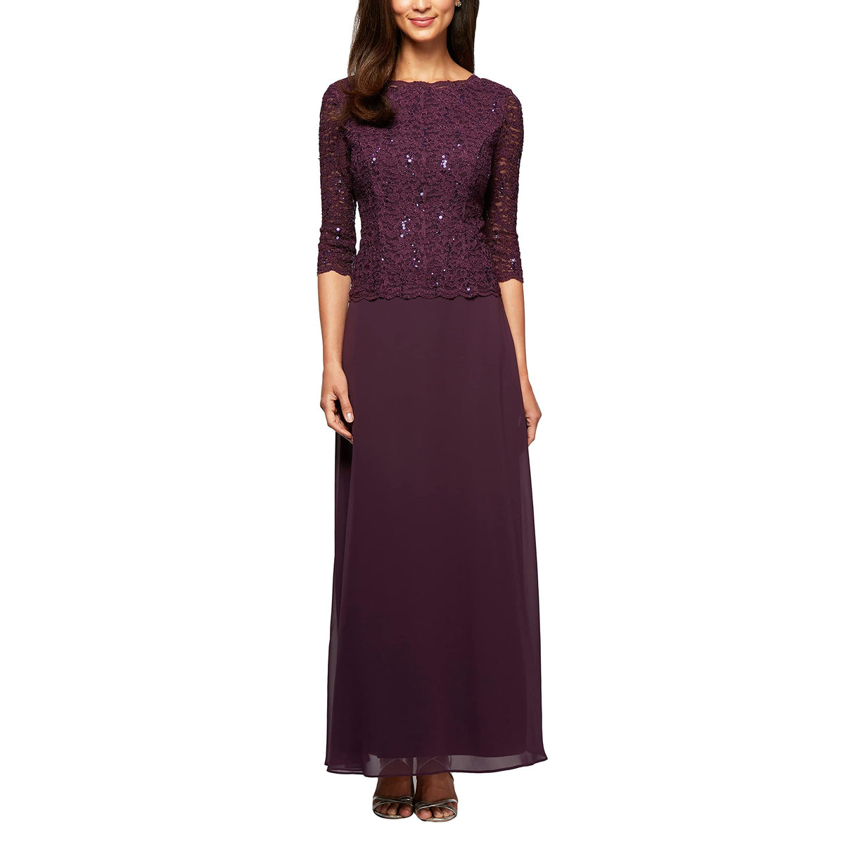 Womens Three Quarter Sleeve Stretch Lace Bodice Gown
