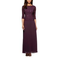 Womens Three Quarter Sleeve Stretch Lace Bodice Gown