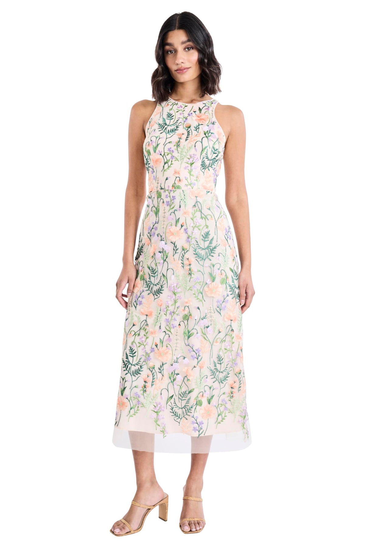 Womens Floral Embroidered Halter Neck Midi Dress