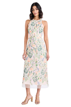 Womens Floral Embroidered Halter Neck Midi Dress