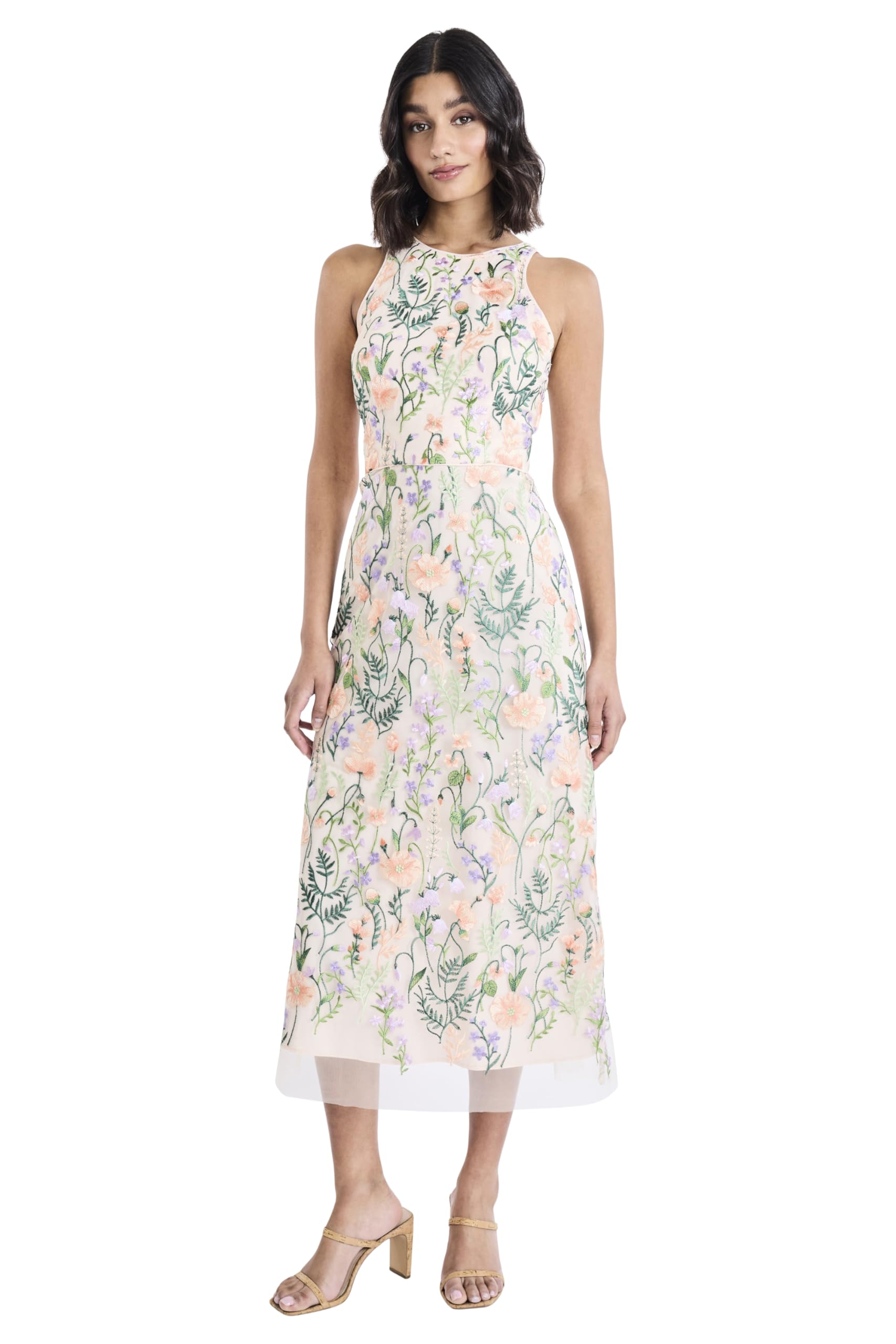 Womens Floral Embroidered Halter Neck Midi Dress