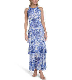 Womens Sleeveless Halter Neck Tiered Maxi Dress