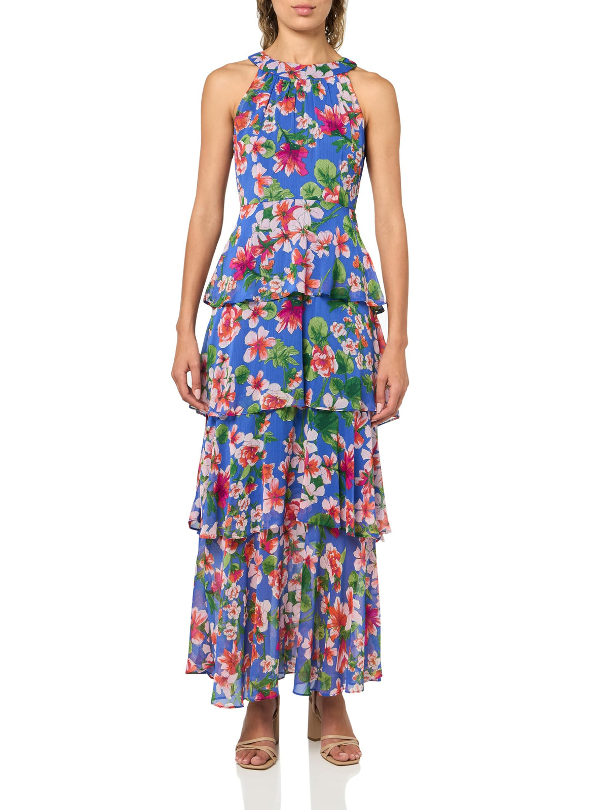 Womens Sleeveless Halter Neck Tiered Maxi Dress