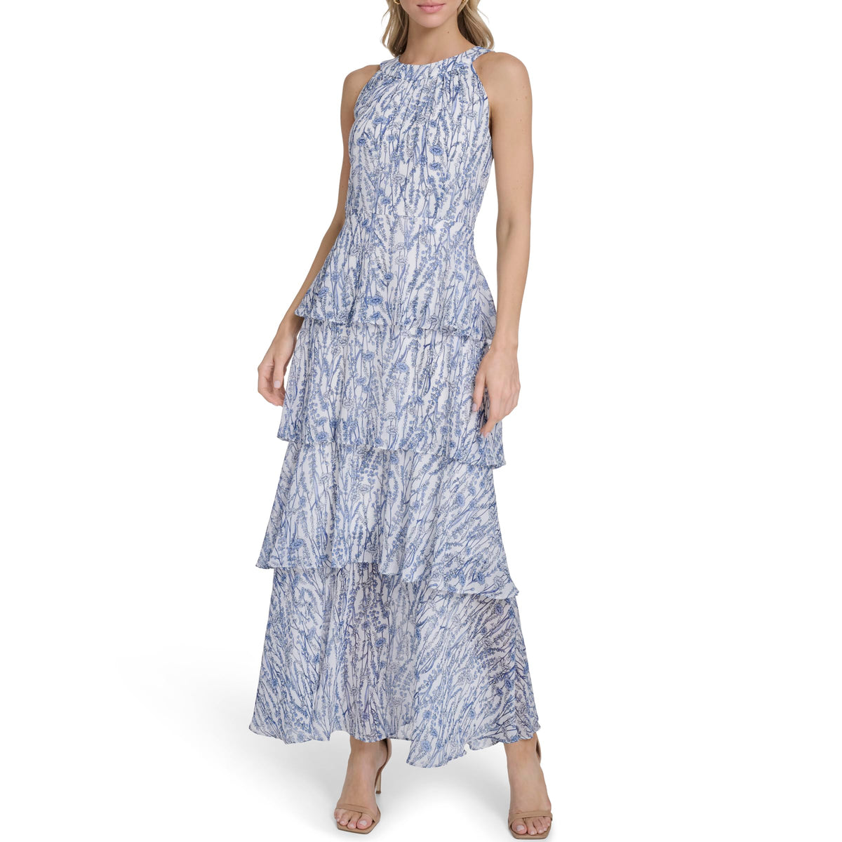 Womens Sleeveless Halter Neck Tiered Maxi Dress