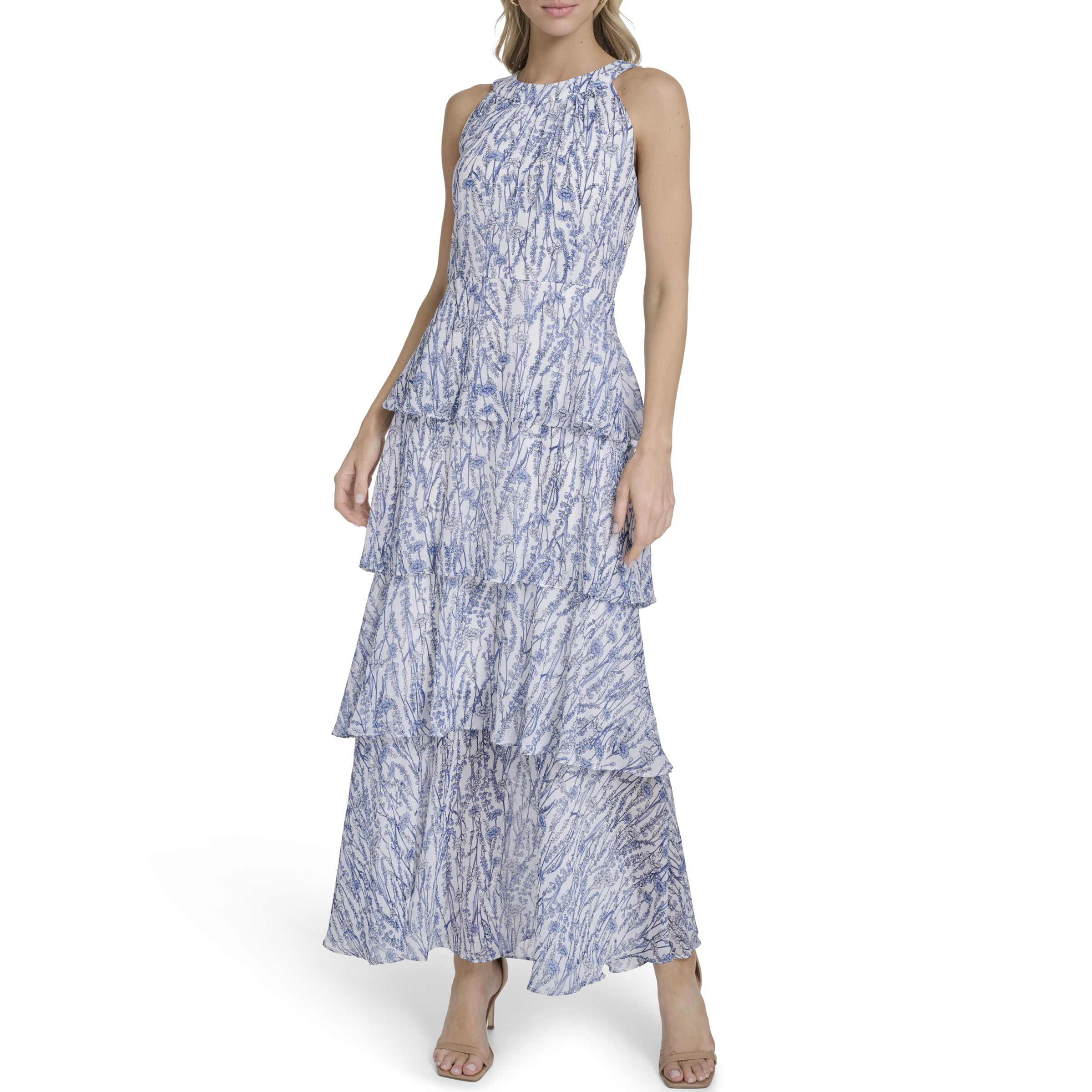 Womens Sleeveless Halter Neck Tiered Maxi Dress
