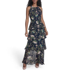 Womens Sleeveless Halter Neck Tiered Maxi Dress