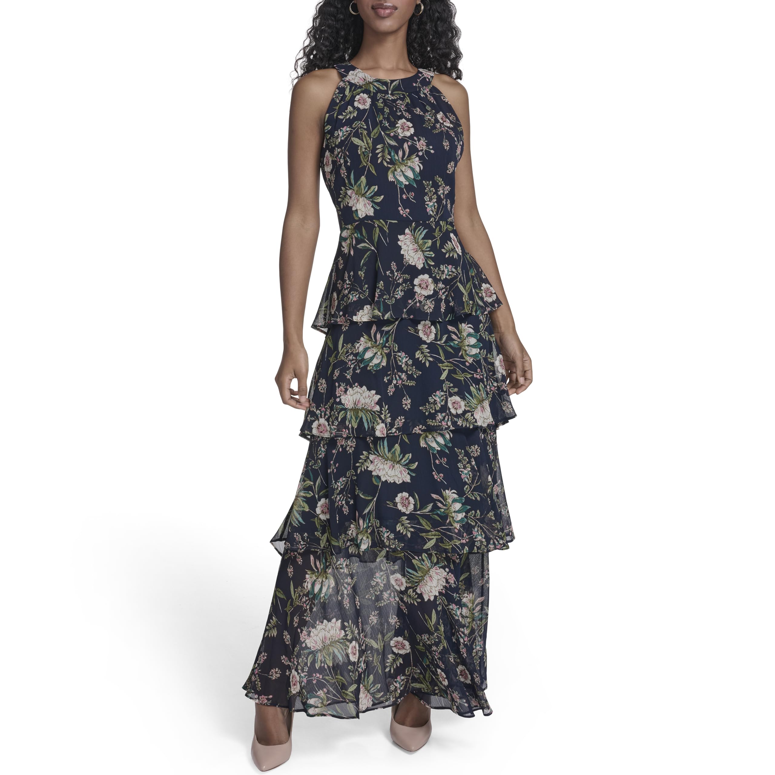 Womens Sleeveless Halter Neck Tiered Maxi Dress