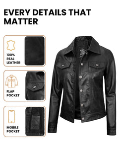 Vintage Lambskin Leather Trucker Jacket Button Closure