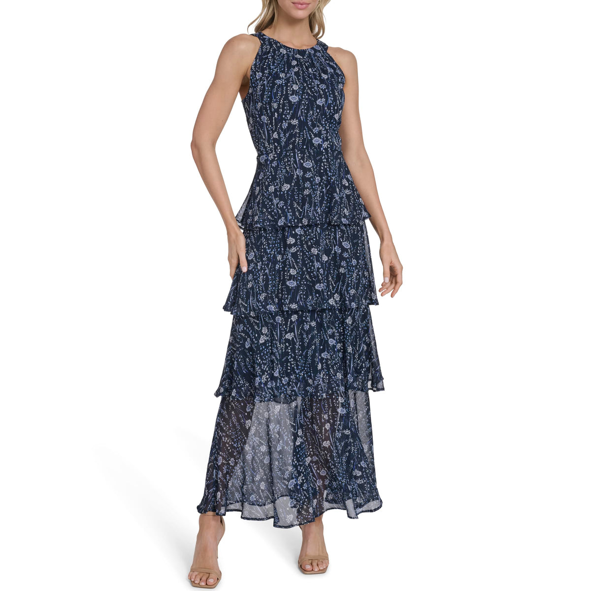 Womens Sleeveless Halter Neck Tiered Maxi Dress