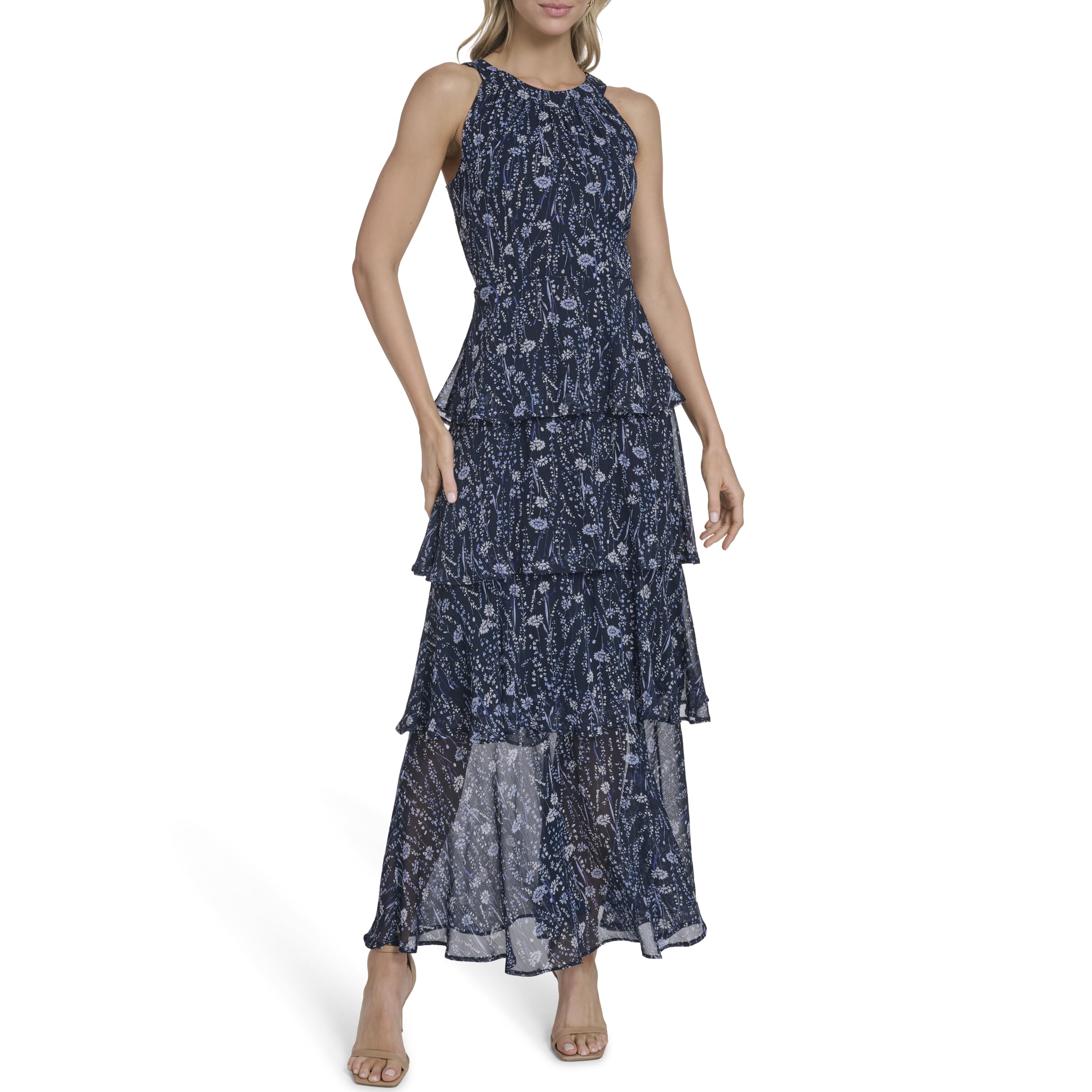 Womens Sleeveless Halter Neck Tiered Maxi Dress