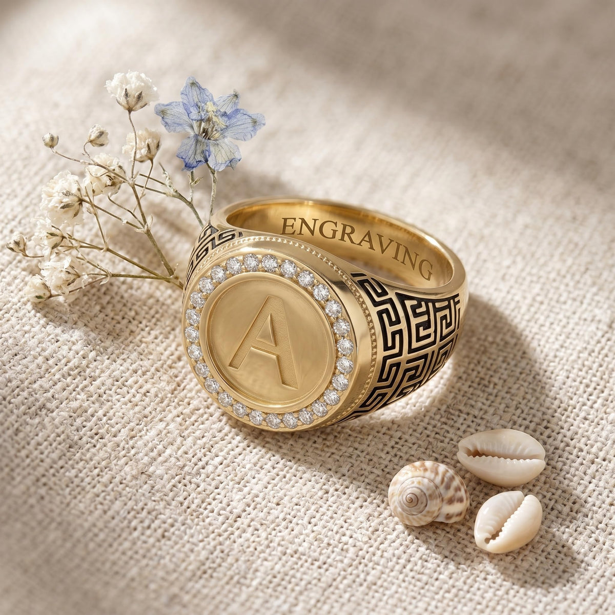 Solid 10K 14K 18K Gold Initial Signet Ring with Lab Grown Diamonds