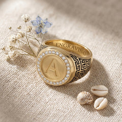 Solid 10K 14K 18K Gold Initial Signet Ring with Lab Grown Diamonds