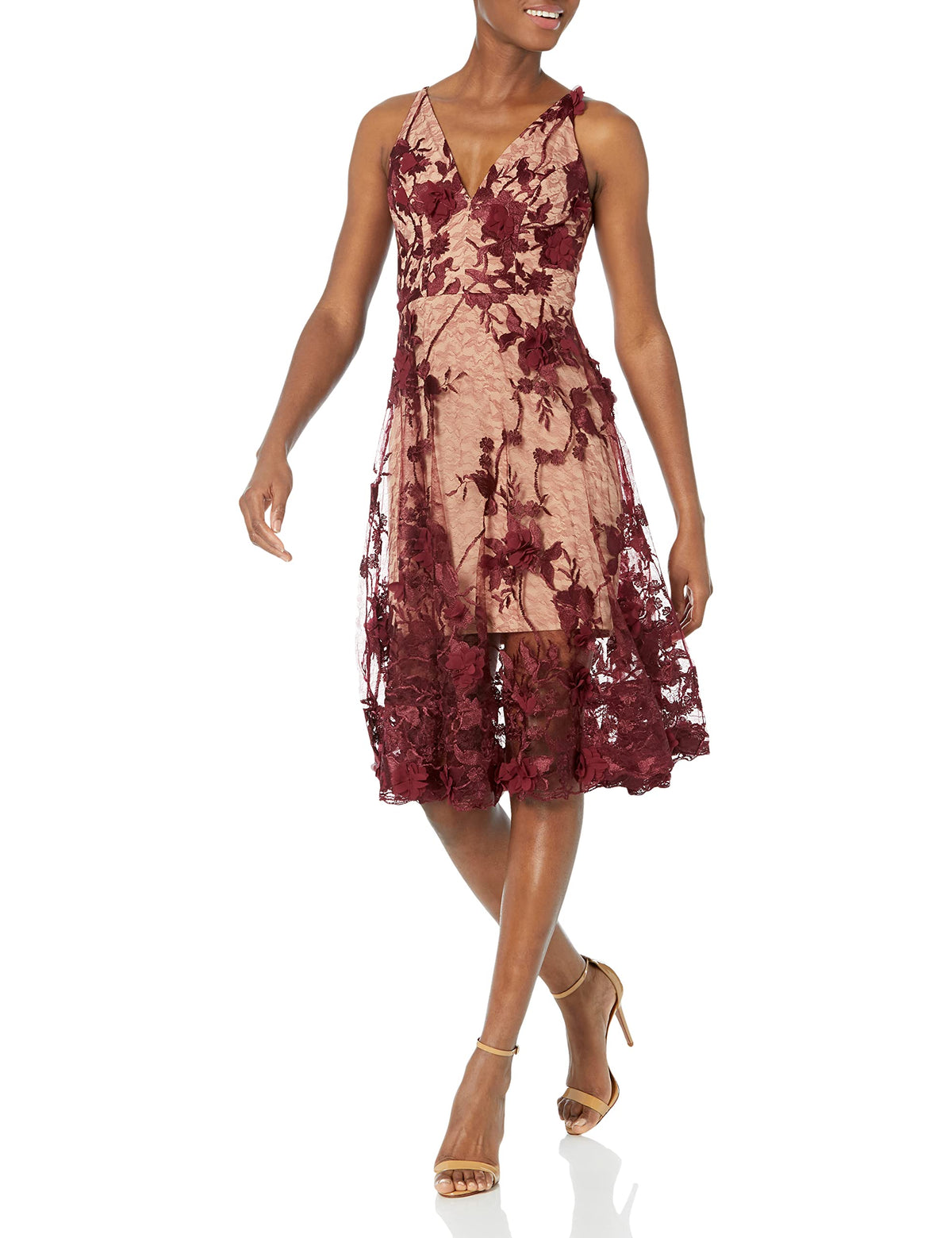 Womens Spaghetti Strap A Line Midi 3D Floral Dress