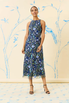 Womens Floral Embroidered Halter Neck Midi Dress