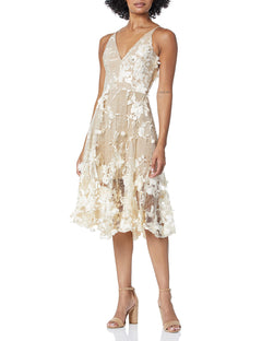 Womens Spaghetti Strap A Line Midi 3D Floral Dress