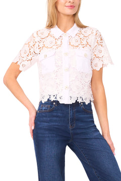 Patch Pocket Short Sleeve Lace Button Down Shirt