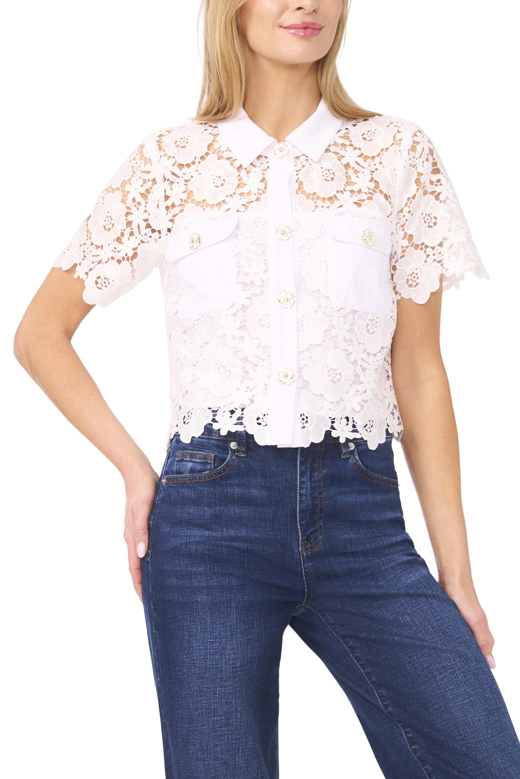 Patch Pocket Short Sleeve Lace Button Down Shirt