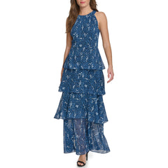 Womens Sleeveless Halter Neck Tiered Maxi Dress