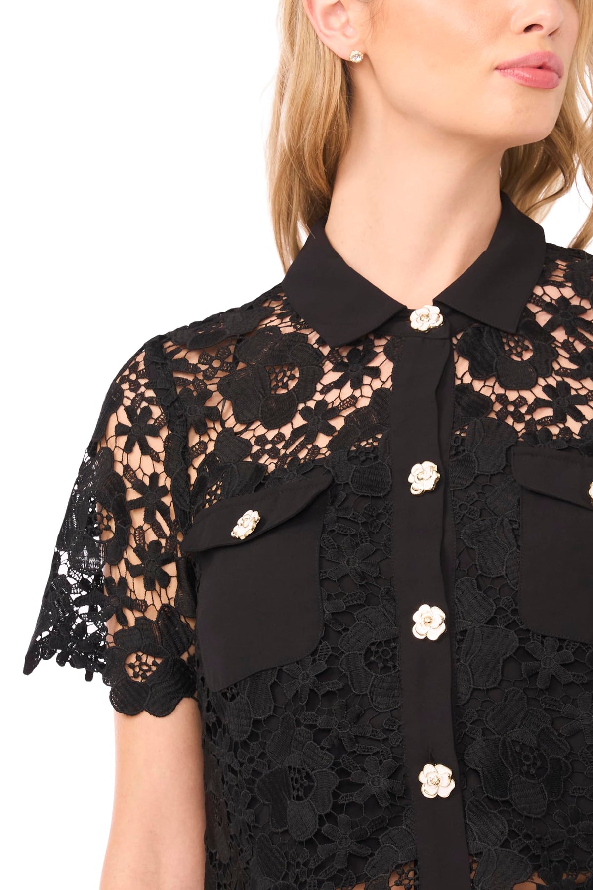 Patch Pocket Short Sleeve Lace Button Down Shirt