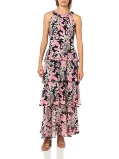 Womens Sleeveless Halter Neck Tiered Maxi Dress