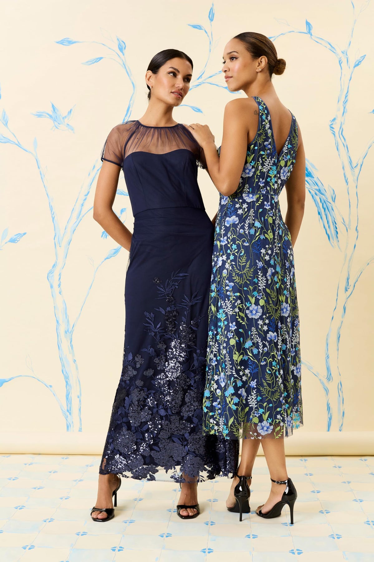 Womens Floral Embroidered Halter Neck Midi Dress