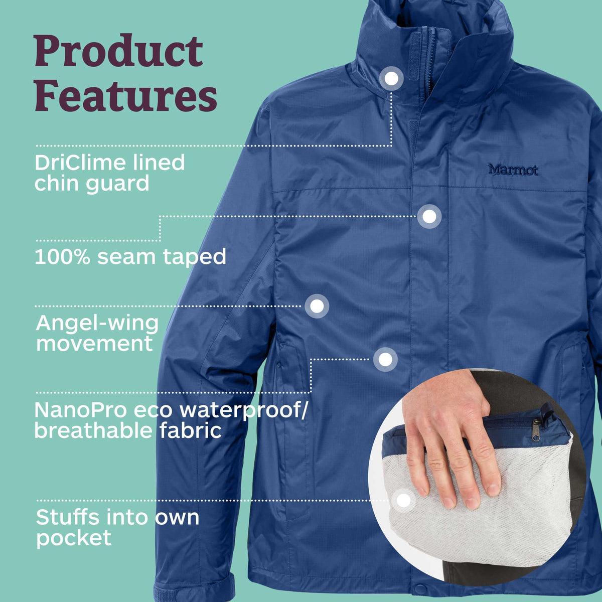 Mens Lightweight Breathable Packable Recycled Waterproof Rain Jacket