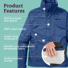 Mens Lightweight Breathable Packable Recycled Waterproof Rain Jacket
