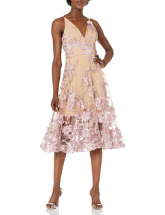 Womens Spaghetti Strap A Line Midi 3D Floral Dress