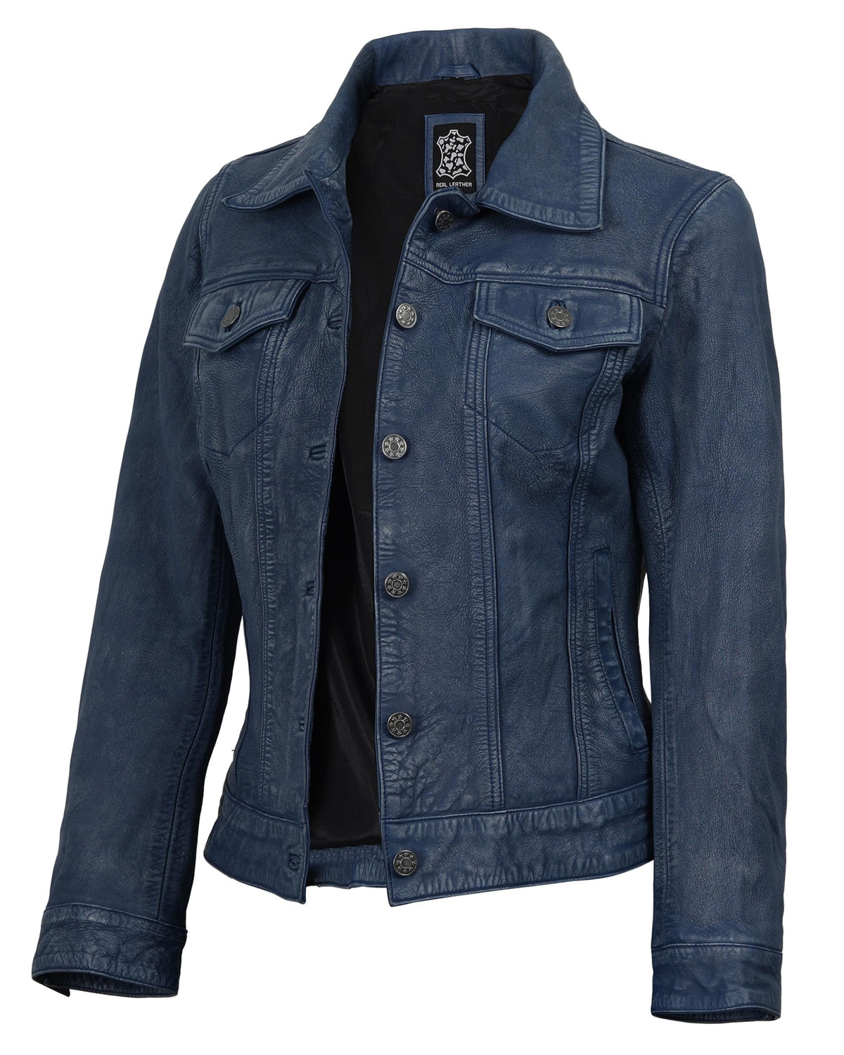 Vintage Lambskin Leather Trucker Jacket Button Closure