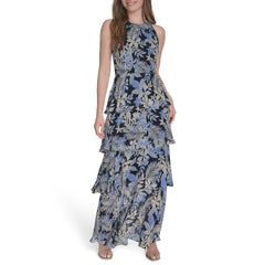 Womens Sleeveless Halter Neck Tiered Maxi Dress