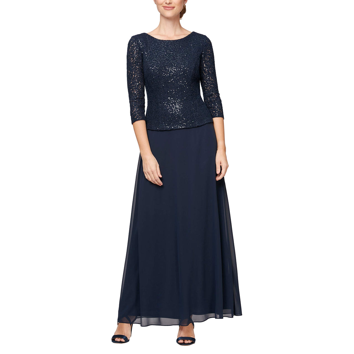 Womens Three Quarter Sleeve Stretch Lace Bodice Gown