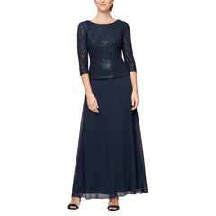 Womens Three Quarter Sleeve Stretch Lace Bodice Gown