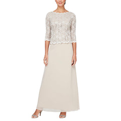 Womens Three Quarter Sleeve Stretch Lace Bodice Gown