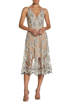 Womens Spaghetti Strap A Line Midi 3D Floral Dress