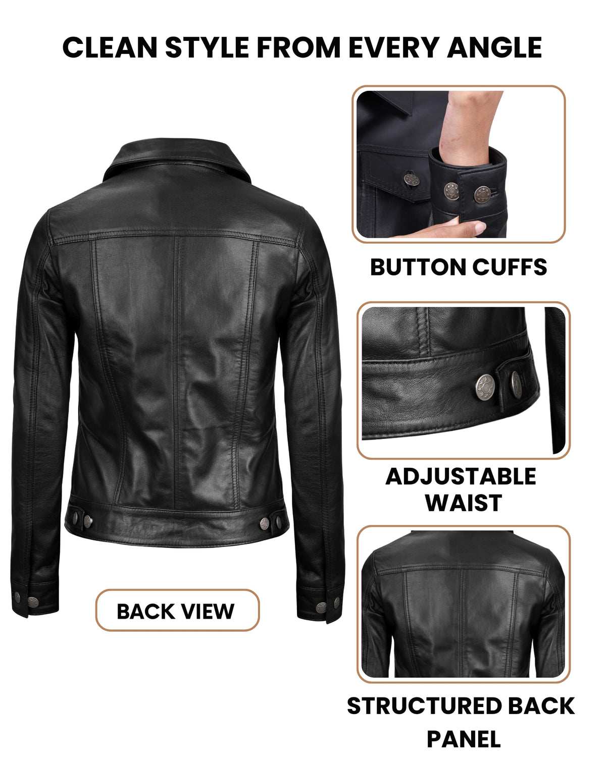 Vintage Lambskin Leather Trucker Jacket Button Closure