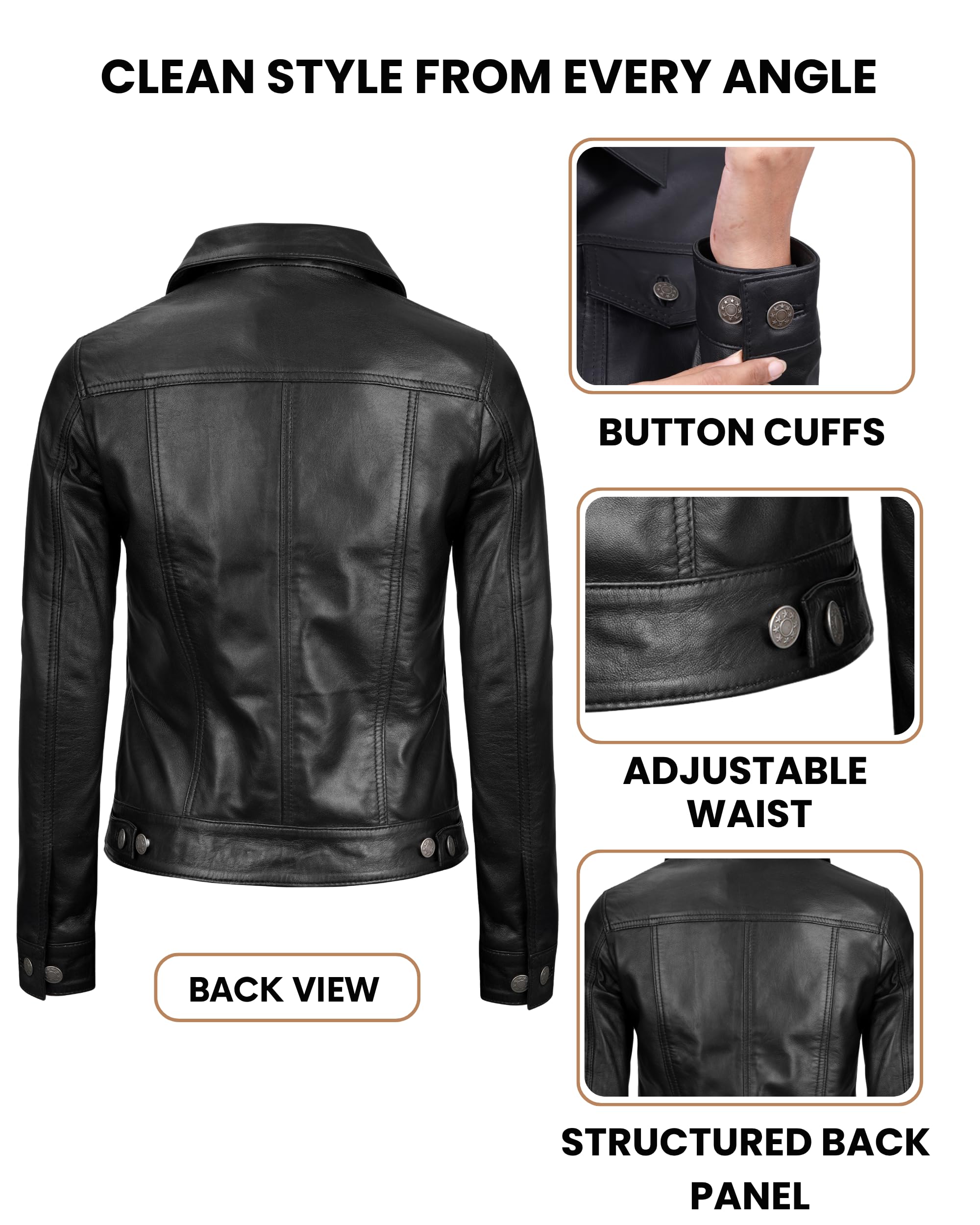 Vintage Lambskin Leather Trucker Jacket Button Closure