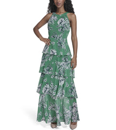 Womens Sleeveless Halter Neck Tiered Maxi Dress